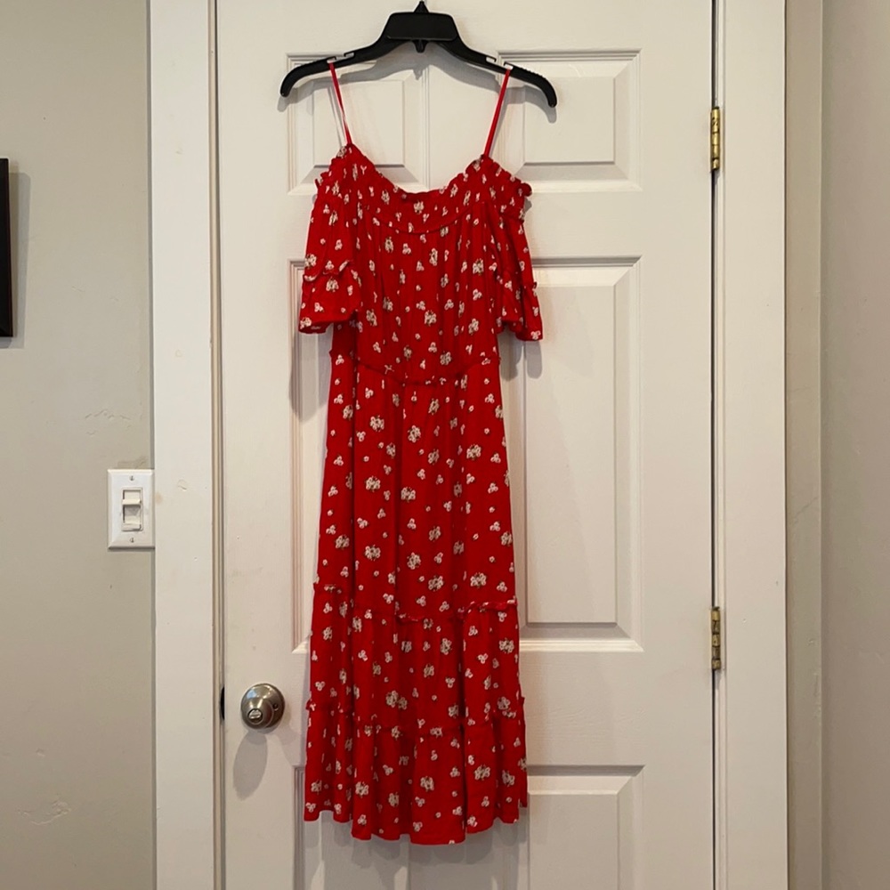 Red floral midi dress